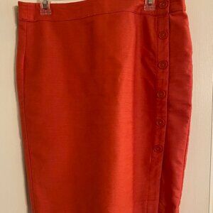 LOFT Womans Bright Coral linen like Cotton Vacation buttons mid skirt size 10